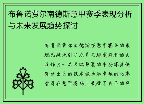 布鲁诺费尔南德斯意甲赛季表现分析与未来发展趋势探讨